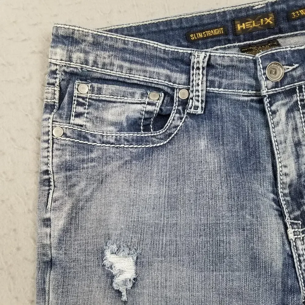 Helix Slim Straight Jeans Mens 33x30 Blue Medium Wash‎ Distressed Denim Pants